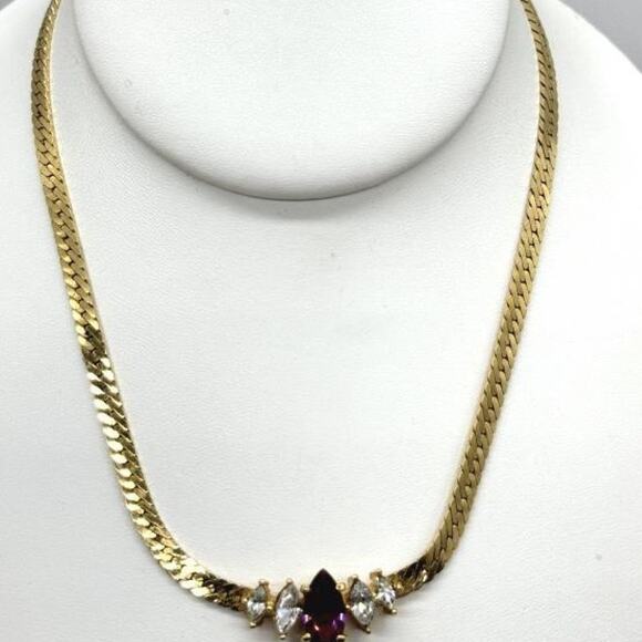 Vintage Christian Dior Purple Rhinestone and Gold Tone Chain Necklace - Picture 1 of 4